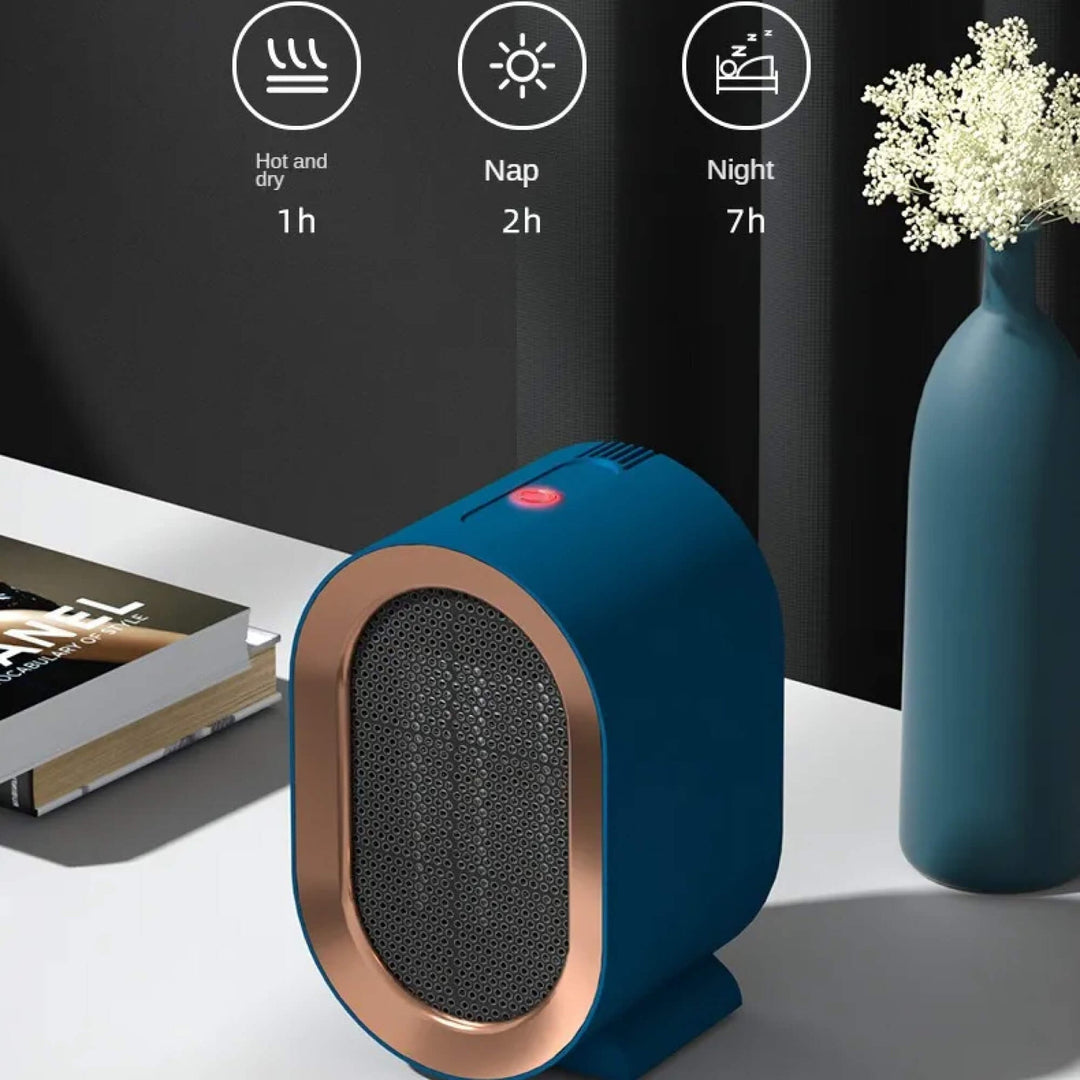 "Compact portable electric heater with energy-efficient ceramic element, ideal for heating small spaces, shown in stylish des