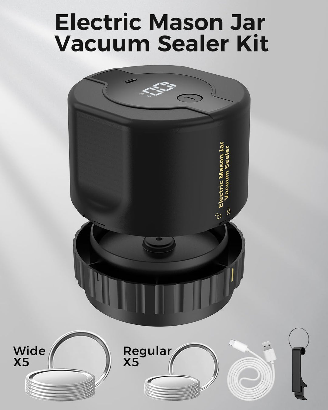 "Compact portable electric vacuum sealer kit, black, cordless, fits Mason jars, ideal for kitchen food preservation."