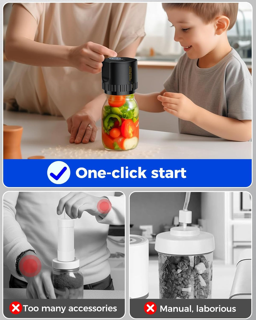 "Compact portable electric vacuum sealer kit, black, cordless, fits Mason jars, ideal for kitchen food preservation."