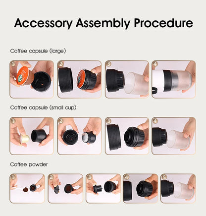"Compact portable espresso maker, USB charged, black sleek design, suitable for ground coffee and capsules."