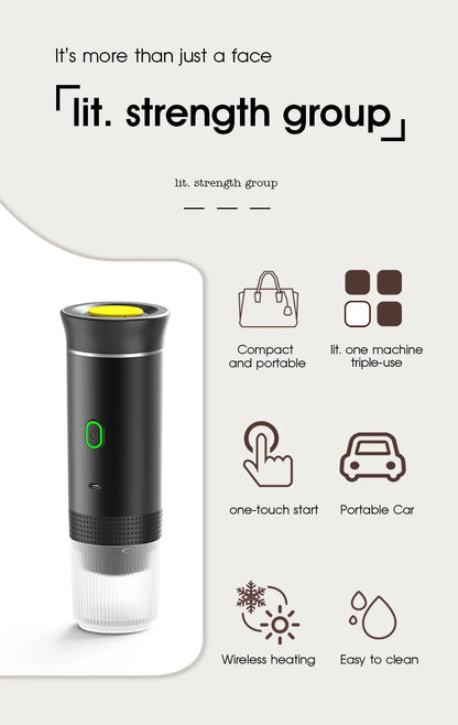 "Compact portable espresso maker, USB charged, black sleek design, suitable for ground coffee and capsules."