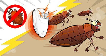 "Compact ultrasonic bed bug repellent device, chemical-free, easy plug-in, effective in 48 hours; safe for kids and pets."