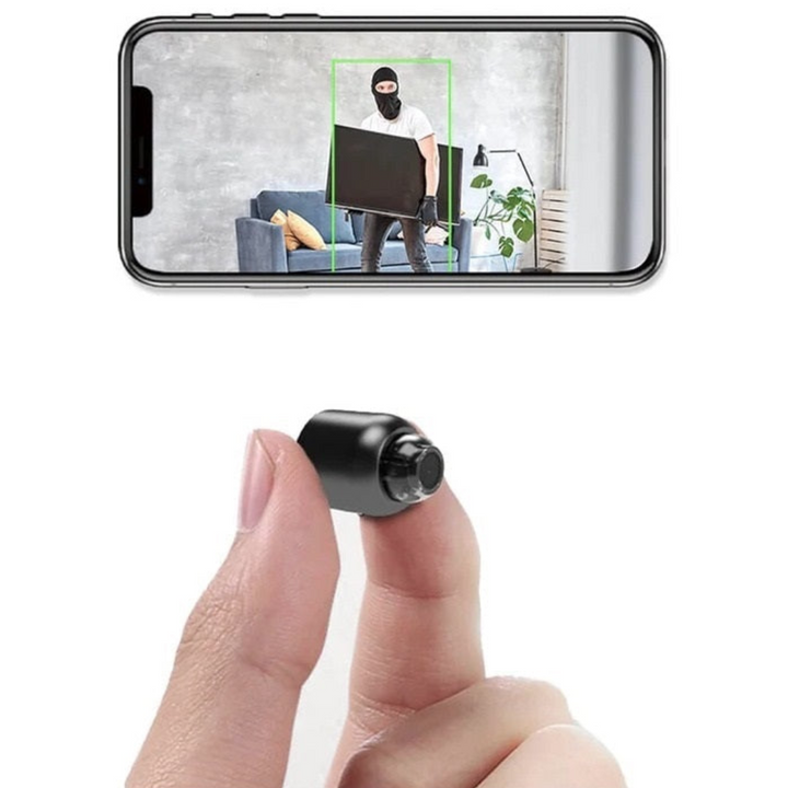 Portable mini WiFi security camera, delivers HD video, night vision & crisp audio for discreet home surveillance.