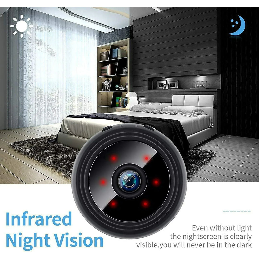 Mini HD security camera featuring night vision & motion detection for comprehensive home security surveillance.