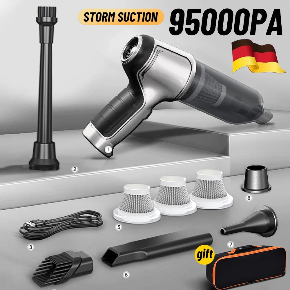 Cordless car vacuum cleaner, silver, lightweight with powerful suction and multi-functional accessories for efficient cleanin