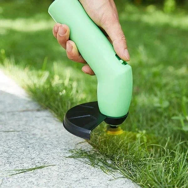 "Cordless mini weed trimmer showing lightweight, handheld design, ideal for efficient lawn trimming with battery-powered oper