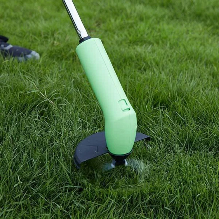 "Cordless mini weed trimmer showing lightweight, handheld design, ideal for efficient lawn trimming with battery-powered oper