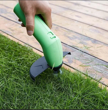 "Cordless mini weed trimmer showing lightweight, handheld design, ideal for efficient lawn trimming with battery-powered oper