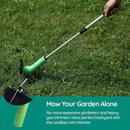 "Cordless mini weed trimmer showing lightweight, handheld design, ideal for efficient lawn trimming with battery-powered oper