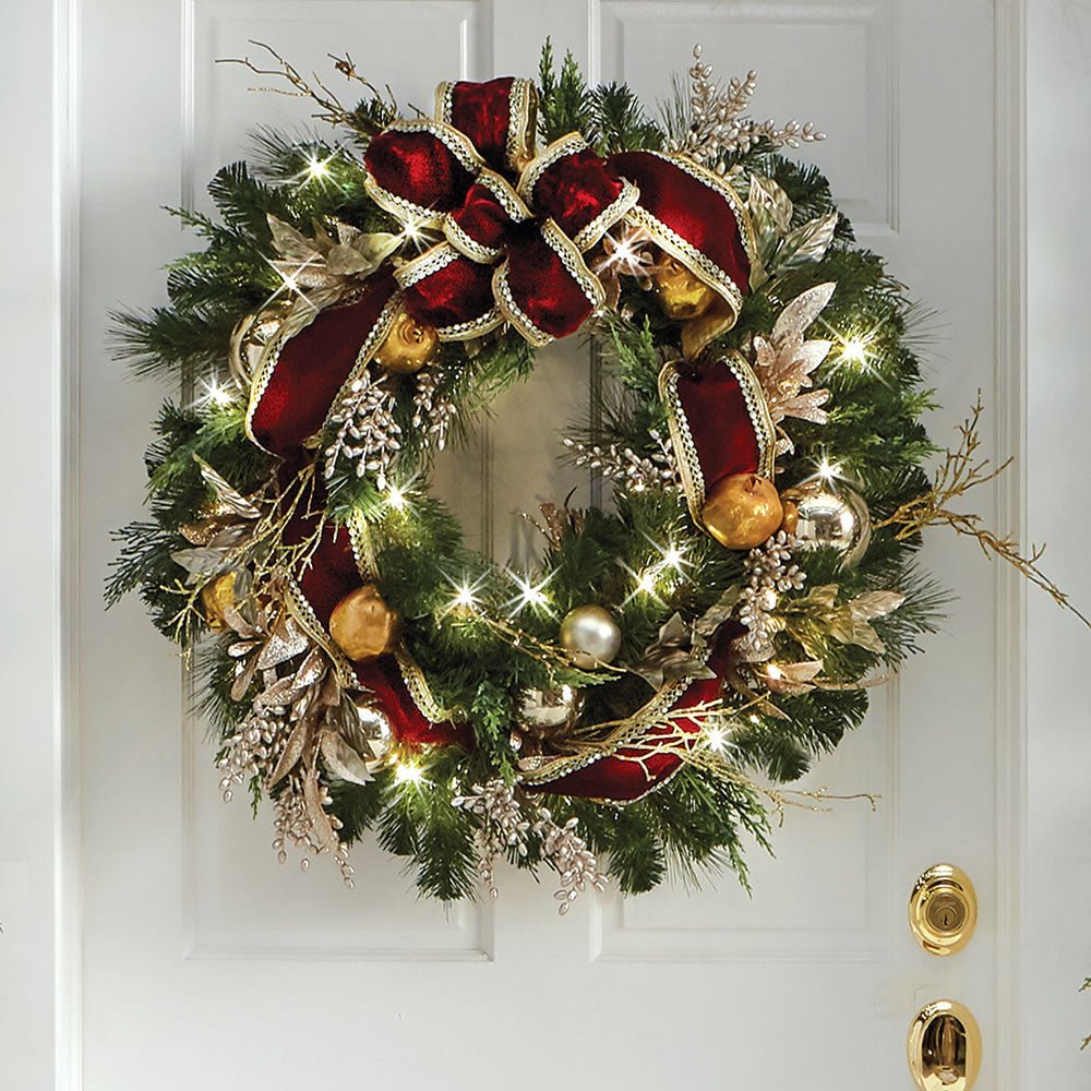 Cordless Prelit Crimson and Gold Wreath with Timer - Lexians