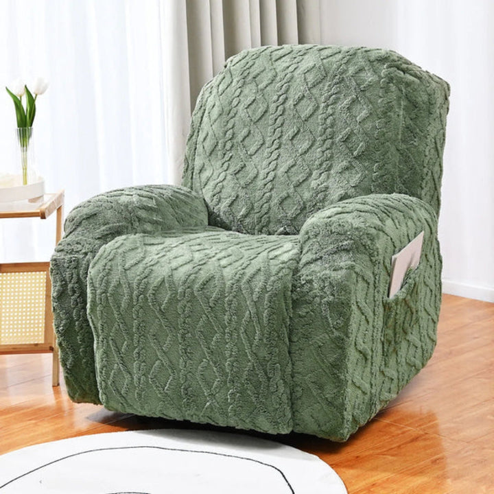 Cozy plush recliner cover, non-slip, adds winter warmth & comfort to any living room furniture. Ideal home decor.