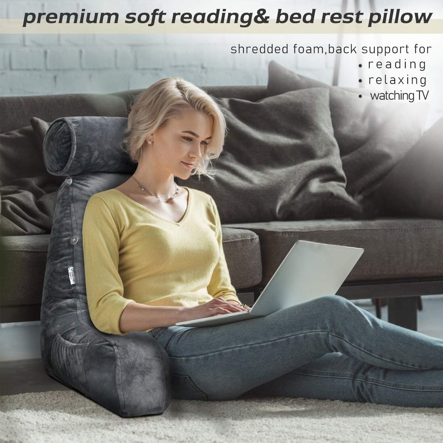 Cozy Reading Bed Pillow with Arms - Plush Velour Support - Lexians