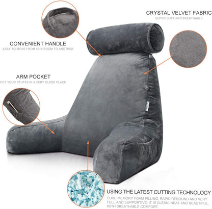 Cozy Reading Bed Pillow with Arms - Plush Velour Support - Lexians