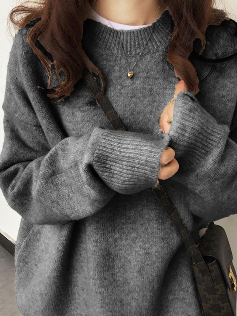 Cozy women's brushed knit relaxed fit pullover sweater in light gray, perfect for winter casual wear