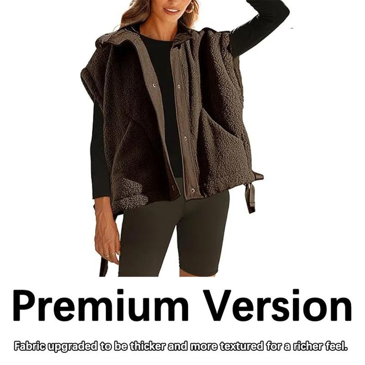 Warm women's button-up vest with a unique textured fleece material, ideal for stylish outerwear.
