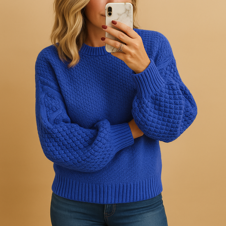 Long sleeve cream textured knit pullover sweater for women, ideal for casual fall wear.