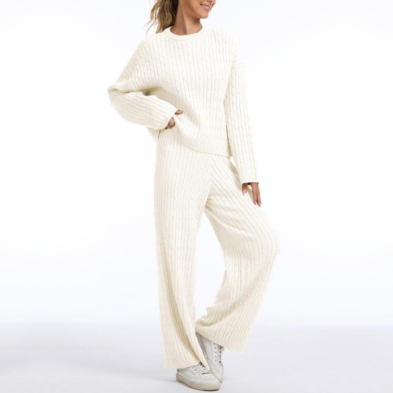 Cream women's knit loungewear set, comfortable casual matching top and pants for relaxing at home