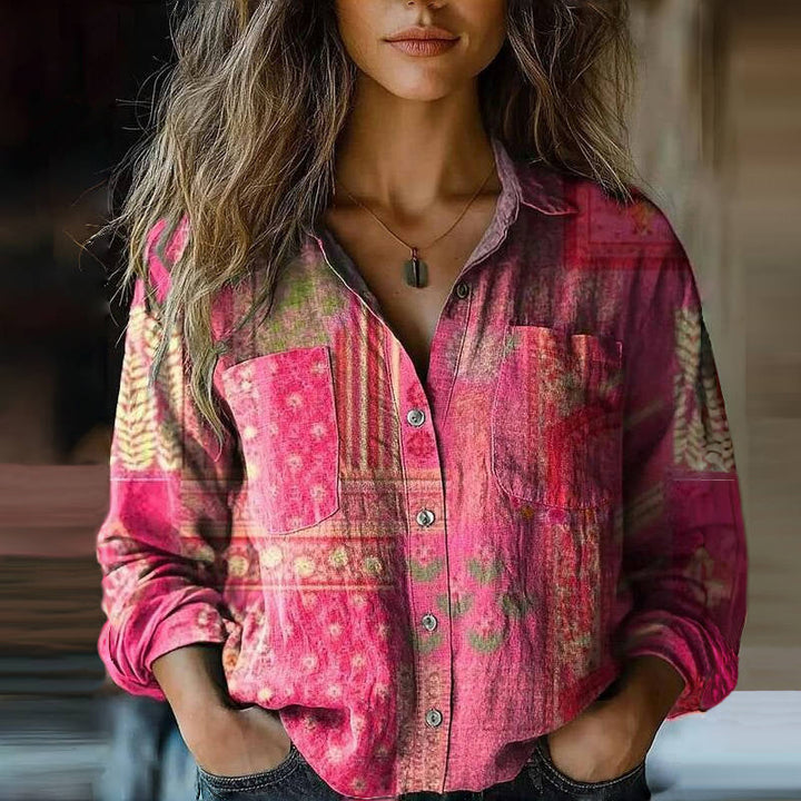 Vintage print women's blouse, relaxed and flowy for bohemian style and comfortable casual wear.