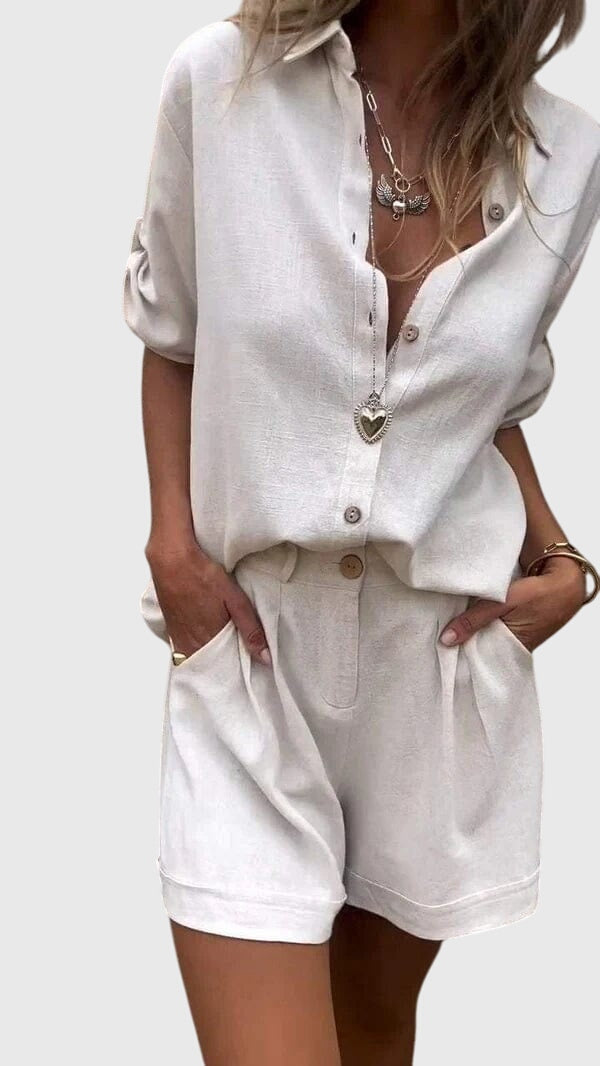 Women's short sleeve two piece set with matching shorts, perfect for casual summer wear or loungewear.