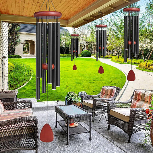 "Deep tone aluminum wind chimes for relaxation, outdoor decor, with sleek tubes and eco-friendly design for soothing ambiance
