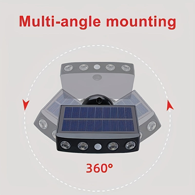 Modern outdoor solar security light mounted on a wall, with integrated motion sensor.