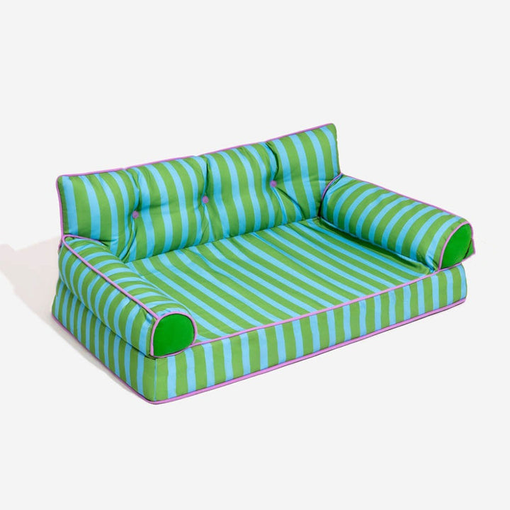 Comfortable striped foldable dog bed, offering joint support. Water-resistant pet sofa for indoor use.