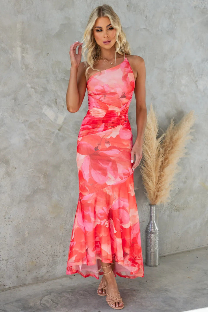 Women's elegant long floral dress, ideal for summer weddings, parties & special occasions.