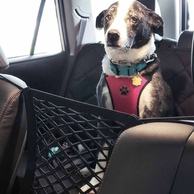 Adjustable dog car safety barrier net, black nylon, acts as pet divider & car organizer for travel.