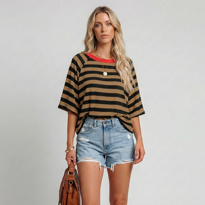 Women's striped color block crewneck top, short sleeve, relaxed fit for casual wear.
