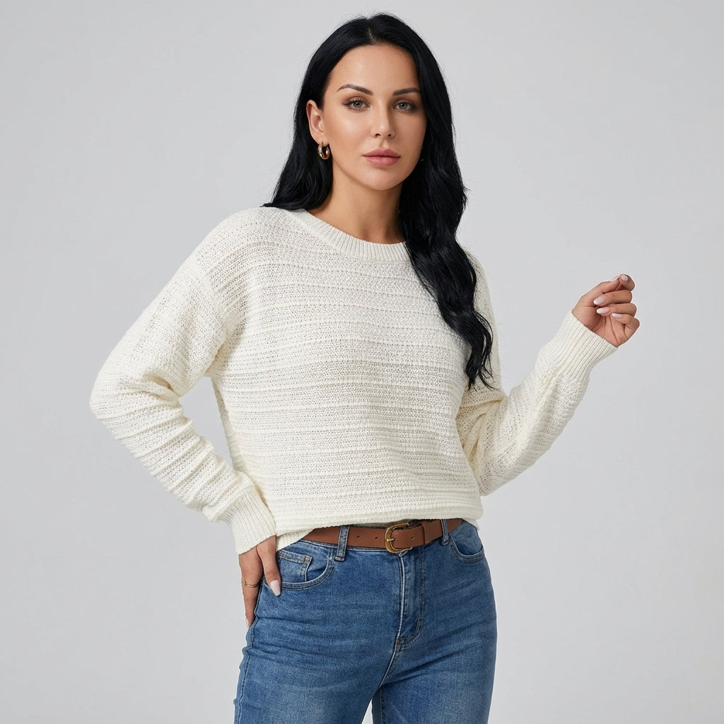Women's stylish bow-back pullover sweater. Relaxed fit, long sleeve, round neck for casual fall/winter fashion.
