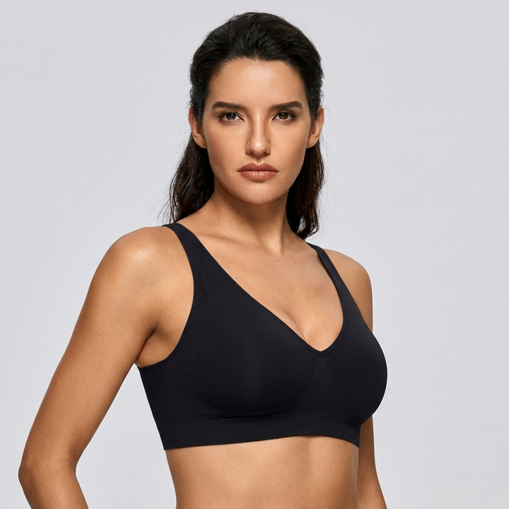 Women's Deep V Plunge Wireless Bra. Seamless comfort lingerie for everyday wear with adjustable stretch fabric.