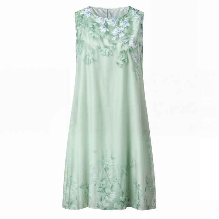 Feminine round neck floral A-line dress, women's short sleeve, ideal for warm weather style.