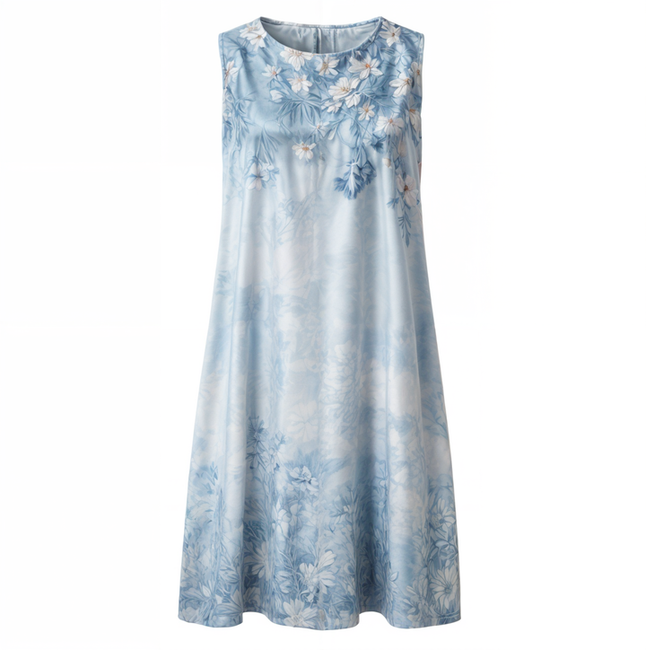 Summer floral A-line dress, women's short sleeve, round neck, feminine & comfortable.