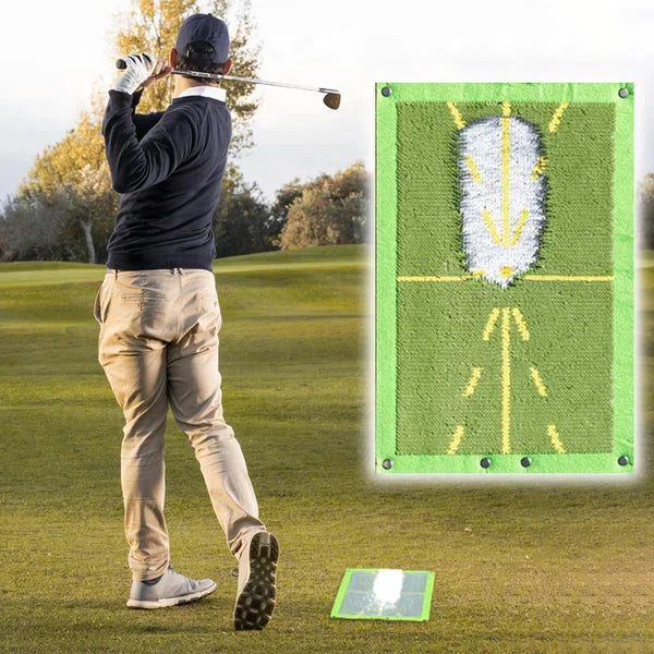 "Durable golf training mat showing swing path divots, ideal for indoor/outdoor use with robust tear-resistant material."