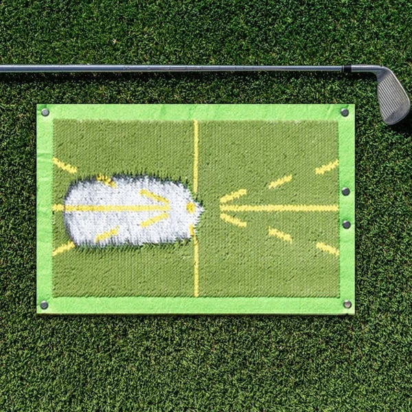 "Durable golf training mat showing swing path divots, ideal for indoor/outdoor use with robust tear-resistant material."
