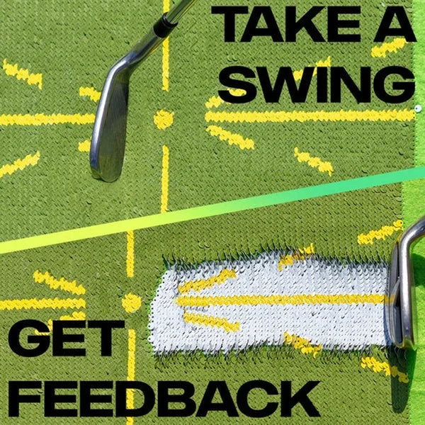 "Durable golf training mat showing swing path divots, ideal for indoor/outdoor use with robust tear-resistant material."