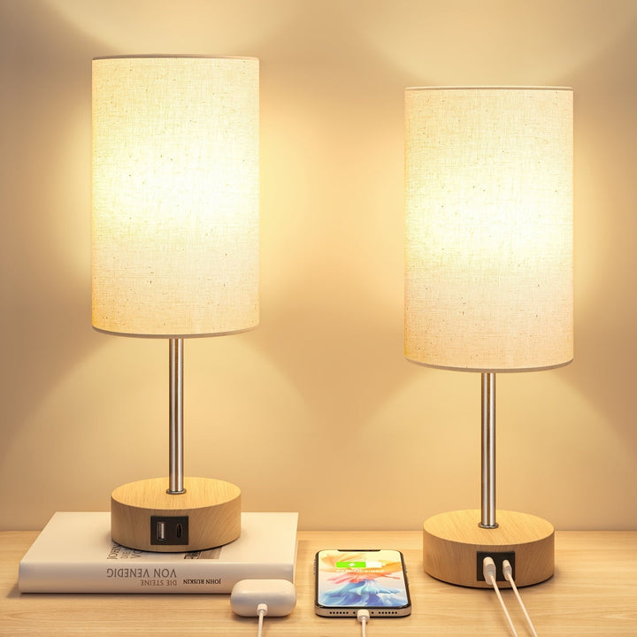 Two modern dimmable touch control table lamps with USB charging ports and fabric shades.