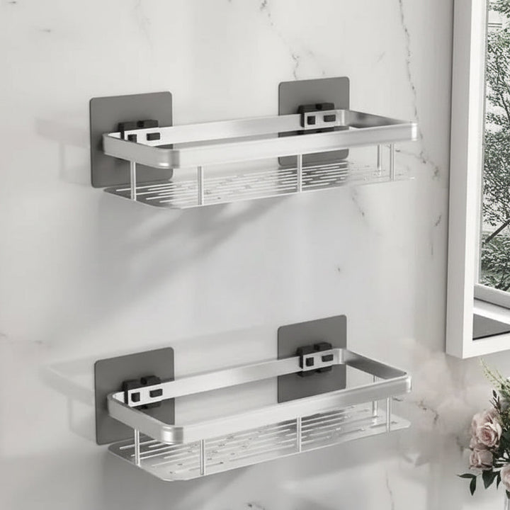 Easy install, no-drill adhesive bathroom shelf. Perfect for shower storage and organization.