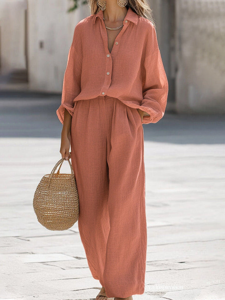 Effortless women's blouse & pant set, perfect for casual chic summer fashion. Relaxed fit two-piece outfit.