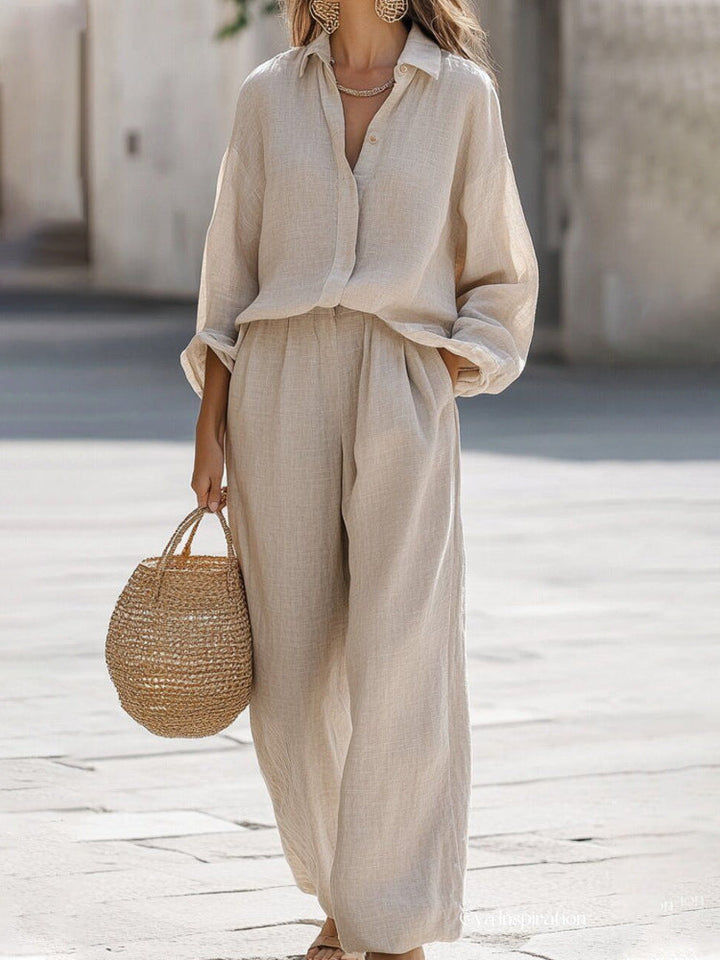 Comfortable relaxed fit women's two-piece outfit: stylish blouse & pants for daily wear & spring fashion.
