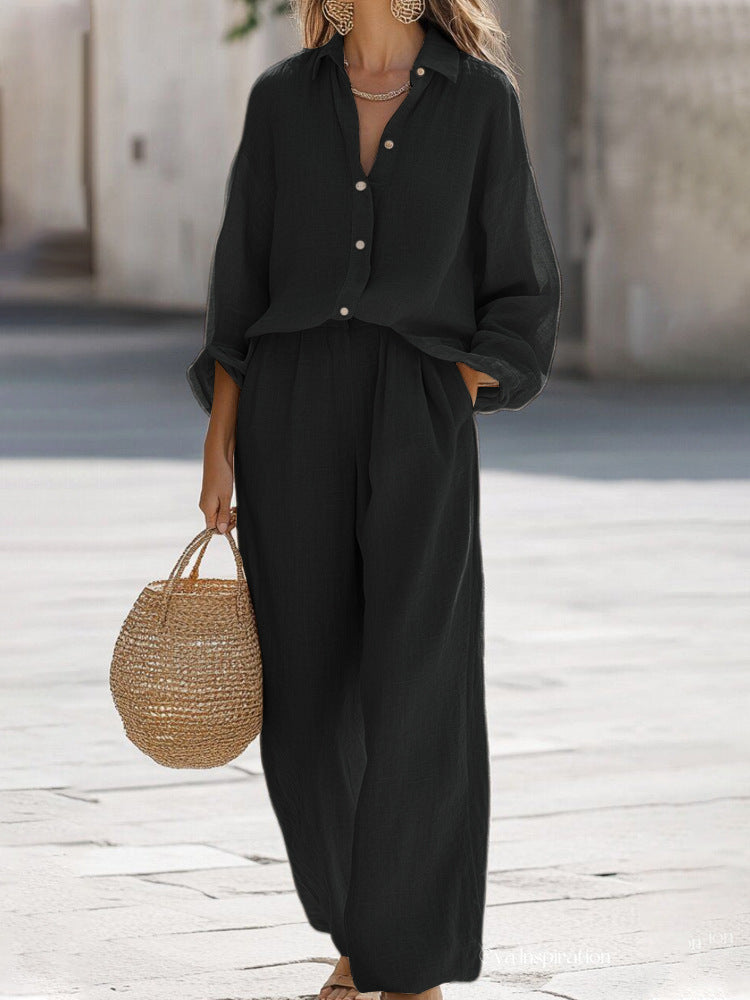 Chic women's blouse & pant set. Elegant style two-piece outfit, perfect for spring fashion & daily wear.