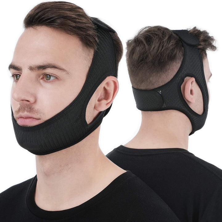 Elastic anti-snoring chin strap with adjustable Velcro, breathable fabric, and enlarged ear holes, ensures comfort and reduce