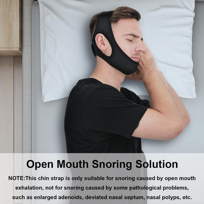 Elastic anti-snoring chin strap with adjustable Velcro, breathable fabric, and enlarged ear holes, ensures comfort and reduce