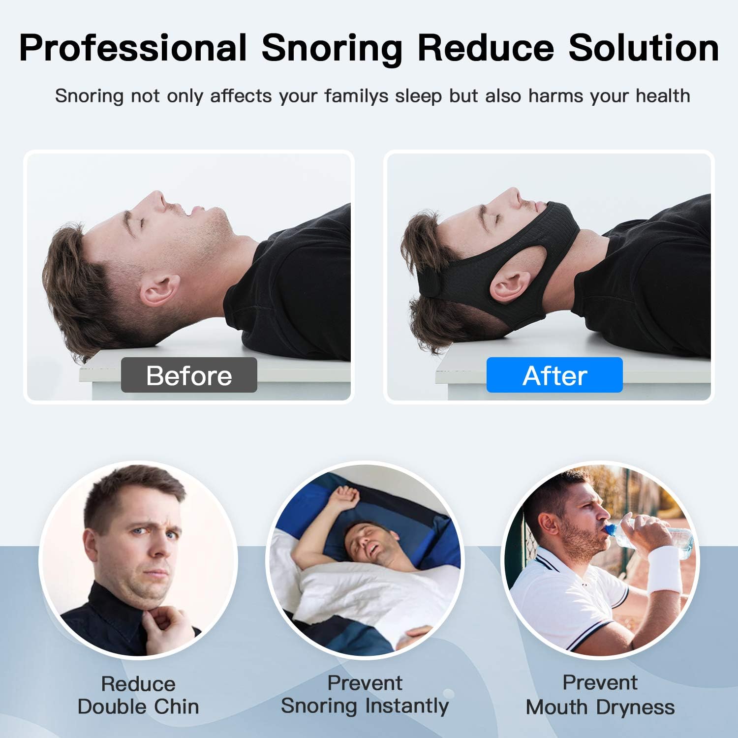 Elastic anti-snoring chin strap with adjustable Velcro, breathable fabric, and enlarged ear holes, ensures comfort and reduce