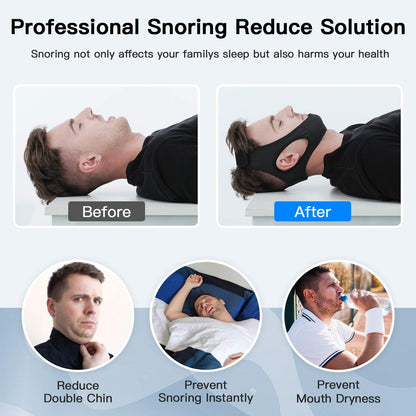 Elastic anti-snoring chin strap with adjustable Velcro, breathable fabric, and enlarged ear holes, ensures comfort and reduce