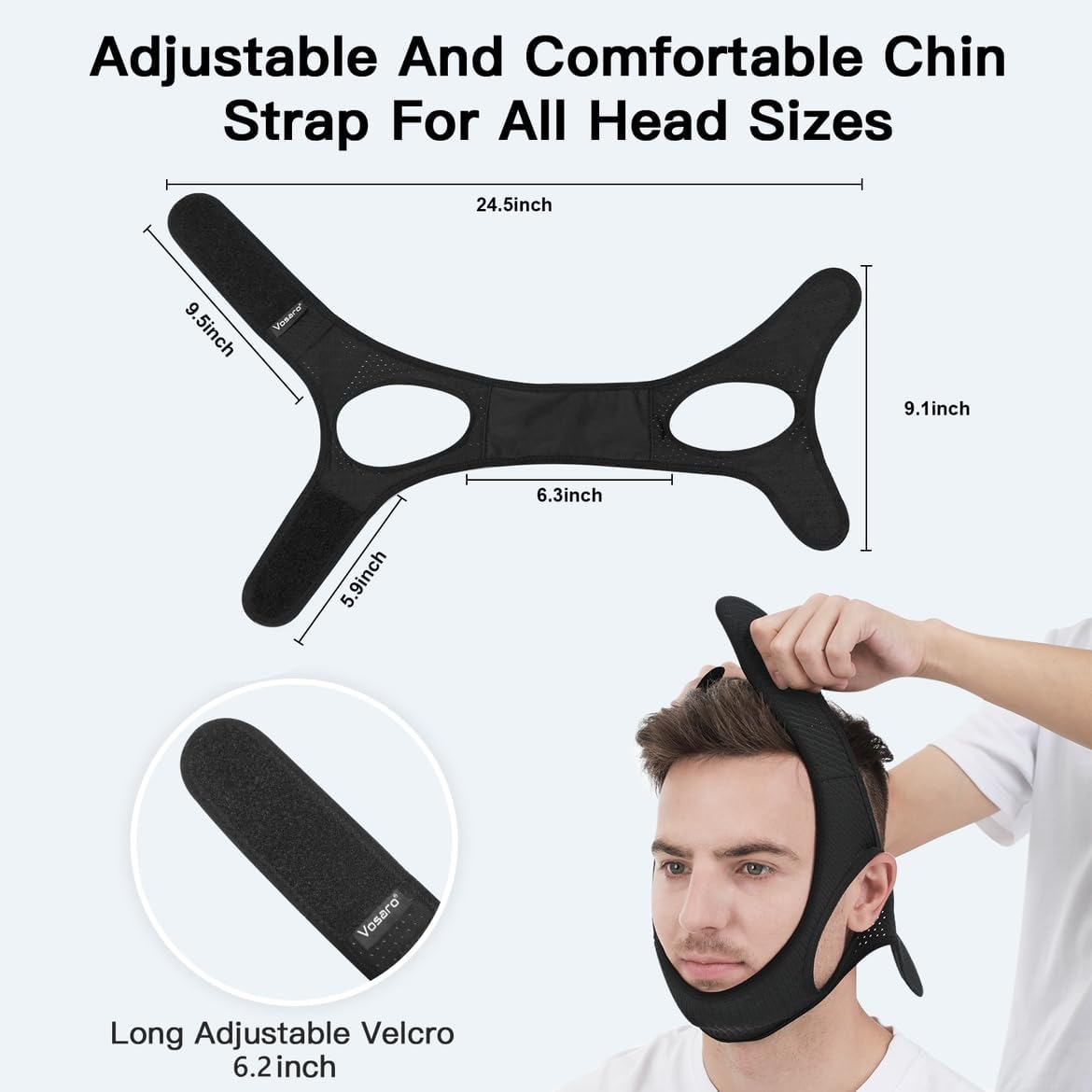Elastic anti-snoring chin strap with adjustable Velcro, breathable fabric, and enlarged ear holes, ensures comfort and reduce