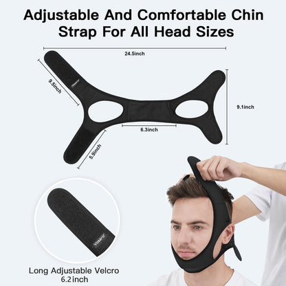 Elastic anti-snoring chin strap with adjustable Velcro, breathable fabric, and enlarged ear holes, ensures comfort and reduce