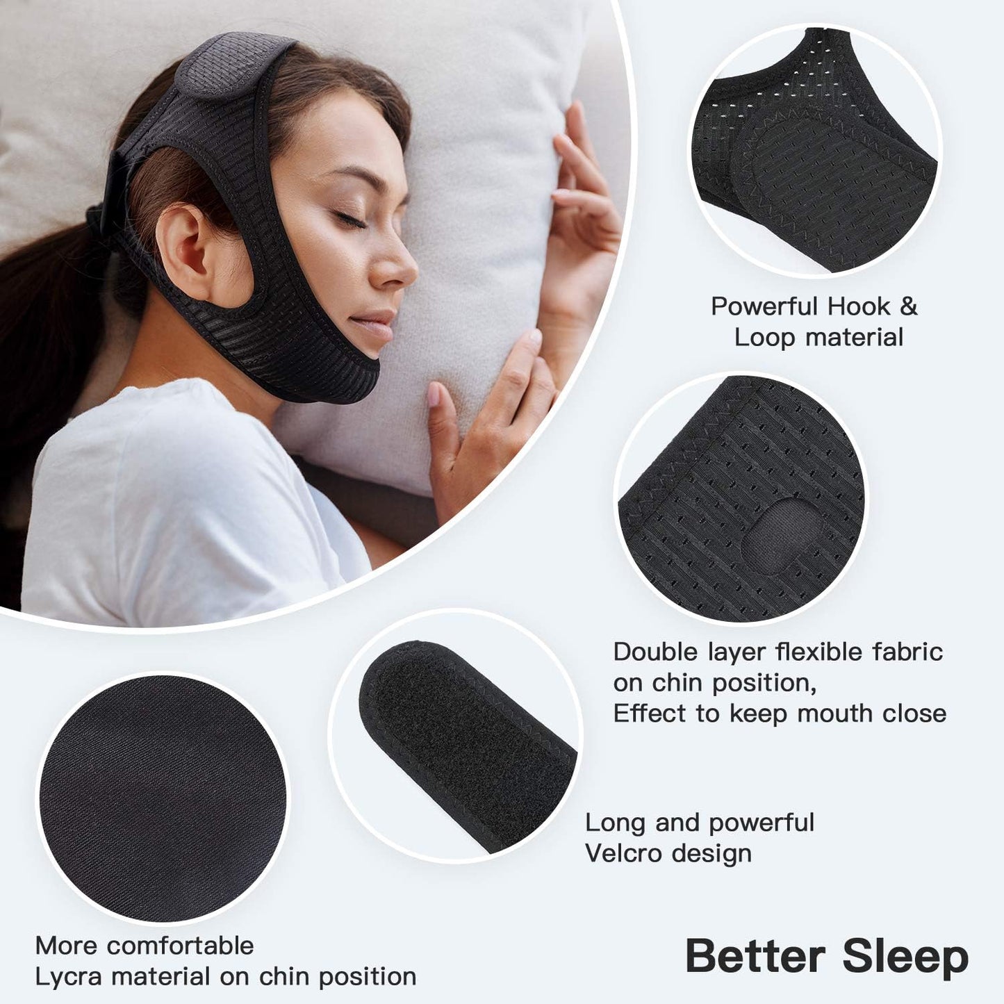 Elastic anti-snoring chin strap with adjustable Velcro, breathable fabric, and enlarged ear holes, ensures comfort and reduce