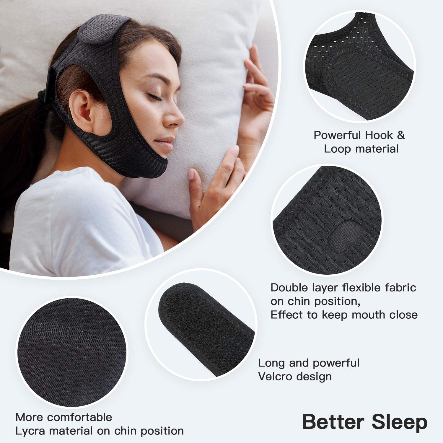 Elastic anti-snoring chin strap with adjustable Velcro, breathable fabric, and enlarged ear holes, ensures comfort and reduce