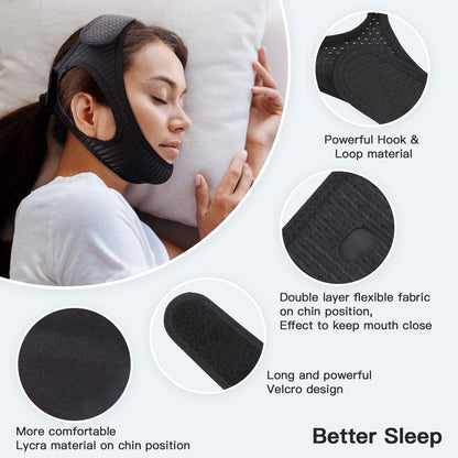 Elastic anti-snoring chin strap with adjustable Velcro, breathable fabric, and enlarged ear holes, ensures comfort and reduce